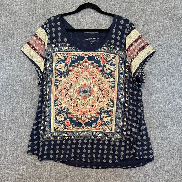 Lucky Brand TShirt Womens 3X XXXL Blue Persian Boho All Over Print Plus Size - Picture 3 of 8